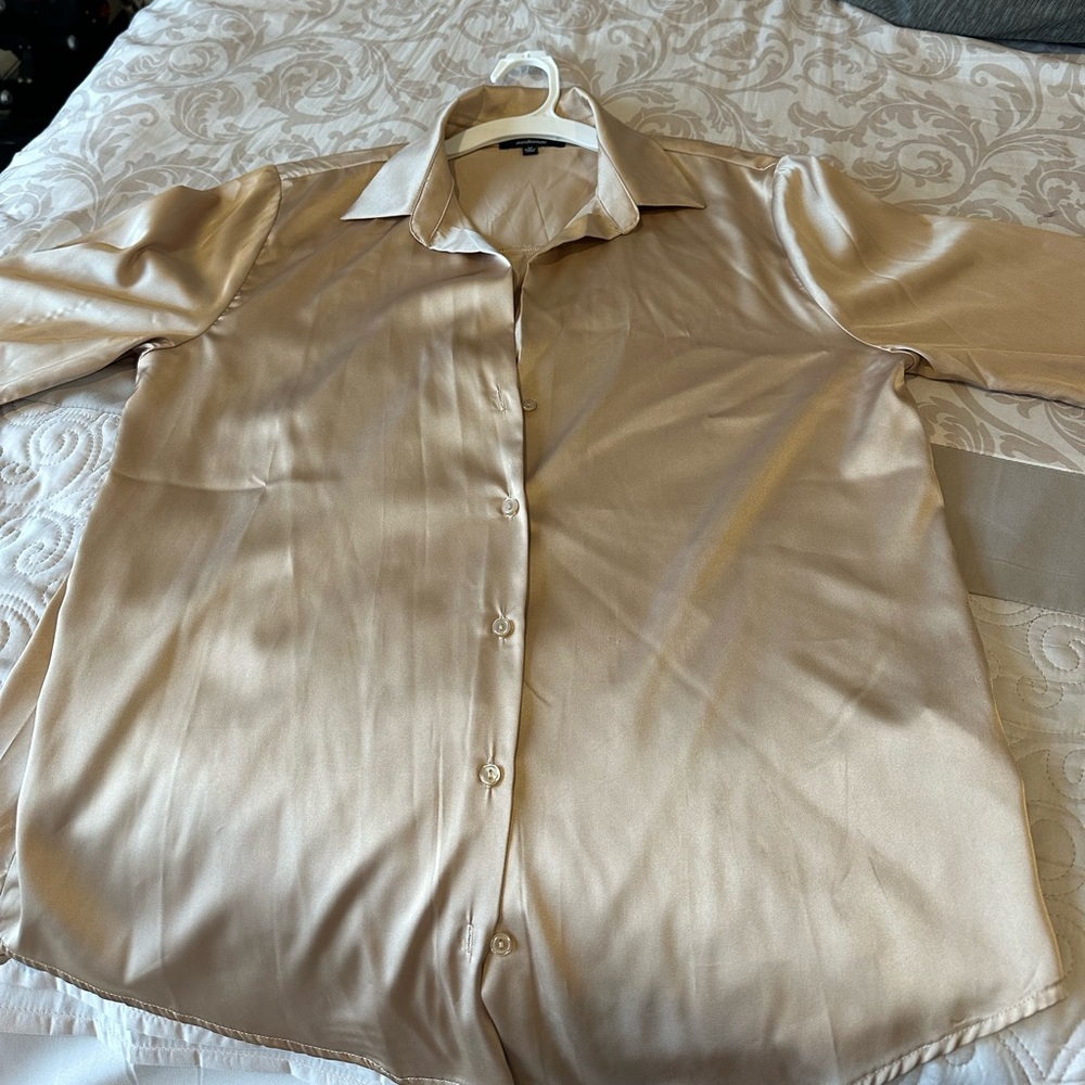 Champagne color size medium satin button down women shirt